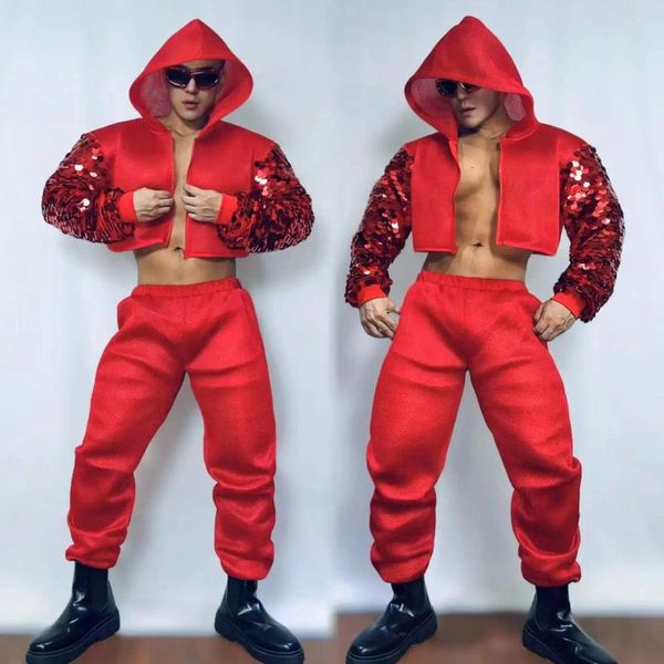 Vêtements de hip-hop en scène pour les clubs de club masculins adultes Sequins rouges tops pantalons de danse de rue Bar Gogo Dancer Performance Clothing
