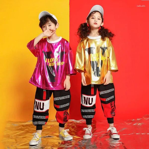 Escenario desgaste traje de hip hop niñas niños salón de baile baile suelto pu pantalón camiseta niños trajes de baile de jazz competencia infantil mostrar ropa