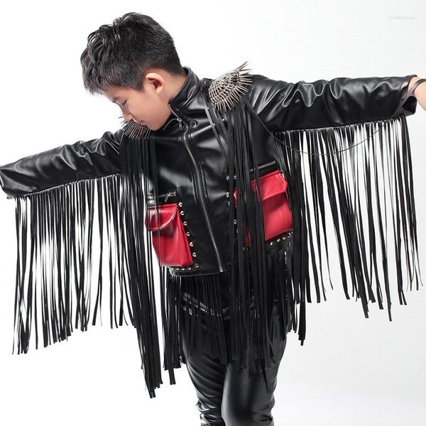 Escenario desgaste hip hop traje de baile niños negro con flecos abrigo de cuero niños jazz rendimiento ropa niños chaqueta DNV12481