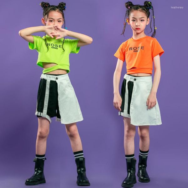 Escenario desgaste hip hop ropa de niña naranja verde crop top camiseta negro blanco falda de verano pantalones cortos niños jazz danza traje ropa streetwear