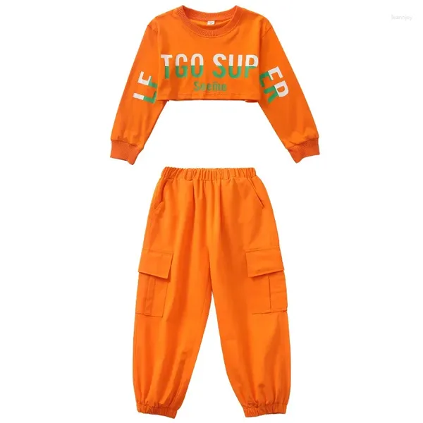 Stage Wear Hip Hop Girls Crop Top Orange Cargo Pantalon Enfants Loose Joggers Street Dance Vêtements Ensembles Enfants Jazz Streetwear Costumes