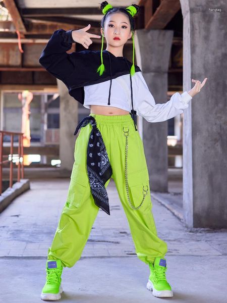 Desgaste de la etapa Ropa de baile de Hip Hop para niñas Camisetas de manga larga con capucha Pantalones verdes fluorescentes Traje de actuación de jazz Moda para niños BL9496