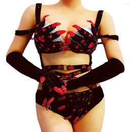 Stage draag hol uit mouwloze halter bodysuits Red Black kralen vrouwen vreselijke rollenspellen kostuums nachtclub outfit