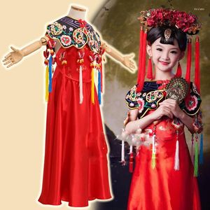 Stage Wear Hong Fu Red Ethnic Fashion China National Trend Costume for Little Girl with Hair Tiaras Beautiful Girl's