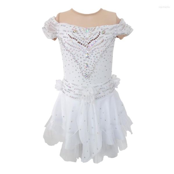 Stage Wear Robe De Patinage Sur Glace Filles Blanc Maille Haute Élasticité Compétition À La Main Bijoux Strass