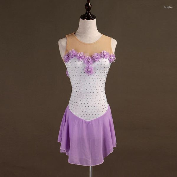 Vêtements de scène robes de patinage sur glace danse lyrique cristal strass robe ballerine Costume de gymnastique lilas violet B077