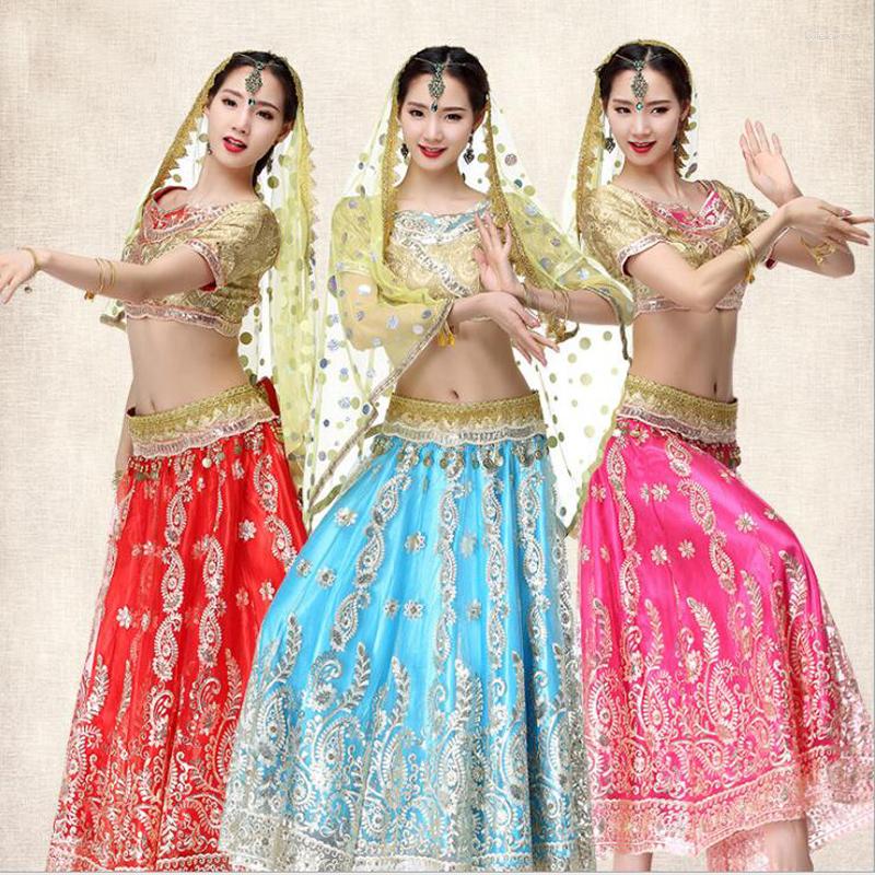 Sahne Giyim Hindistan Dans Seti Kadınlar Için Elbise/Kızlar Üst Kemer Etek Bollywood Oryantal Takım Elbise Elbise Performans Kostümleri