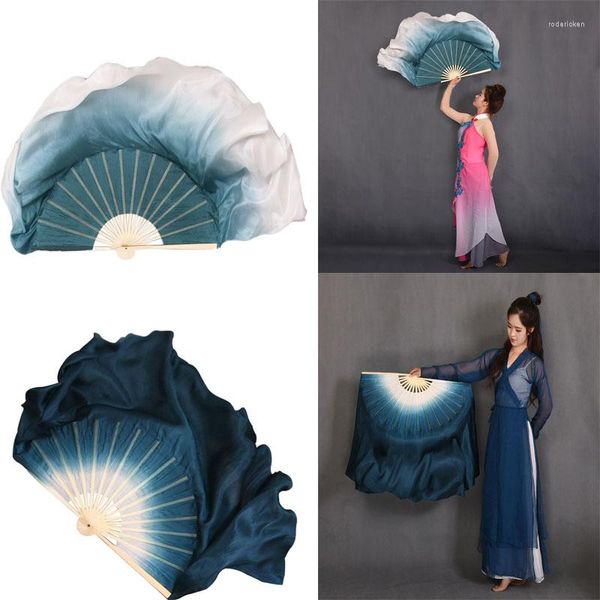 Stage Wear Ink Blue-White Gradient Real Silk Fan Voiles Double face Chinese Classic Folk Dance Fans 1pair Show Props