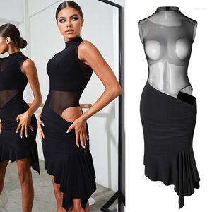 Vêtements de scène irrégulière maille découpe robe de danse latine Sexy noir sans manches compétition Costumes robes Salsa SL7269