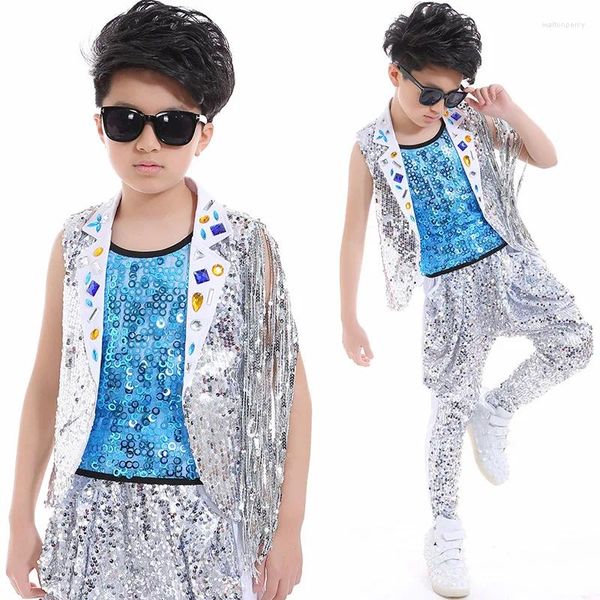 STAGE Wear Jazz Dance Child Costume Boys Hip Hop Street Sequins Tassel Blue Vest Harem Pantal