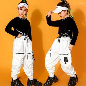 Desgaste de la etapa Traje de baile de jazz Ropa de niñas Tops negros Pantalones de carga blancos Ropa de hip hop de manga larga Niños Street BL7001