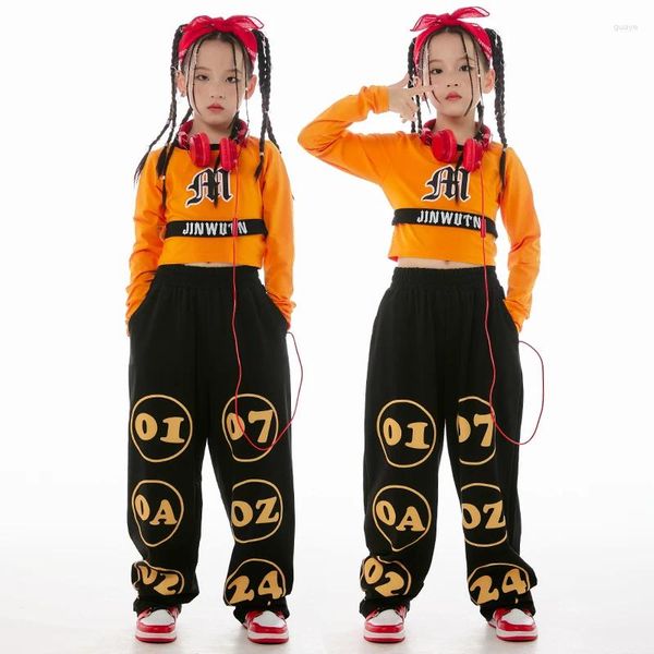 Stage Wear Costumes de danse Jazz pour enfants Orange Crop Tops Hiphop Pantalon Costume Enfants Moderne Hip Hop Performance Vêtements DN16496