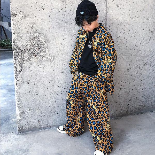 Desgaste de la etapa Kid Cool Hip Hop Ropa Estampado de leopardo Camisa de gran tamaño Top Pierna ancha Pantalones de calle para niñas Niños Traje de baile de jazz Ropa