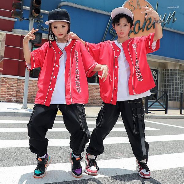 Vêtements de scène enfant Cool Hip Hop vêtements rouge Cardigan Baseball chemise haut en jersey à manches courtes pour fille garçon Jazz danse Costume vêtements