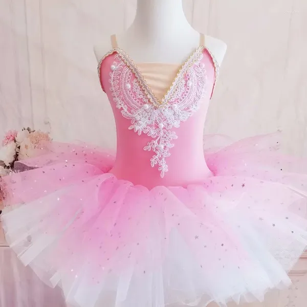 Stage Wear Kid Girls Ballet Dance Robe Applique Tutu Jupe Justaucorps Ballerine Dancewear Rose Plateau Pancake Costumes De Fête