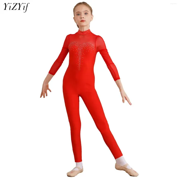 Stage Wear Kid Girls Figure Patinage Unitard Strass Combinaison Sheer Mesh Manches longues Ballet Gymnastique Body Dance Performance Costume