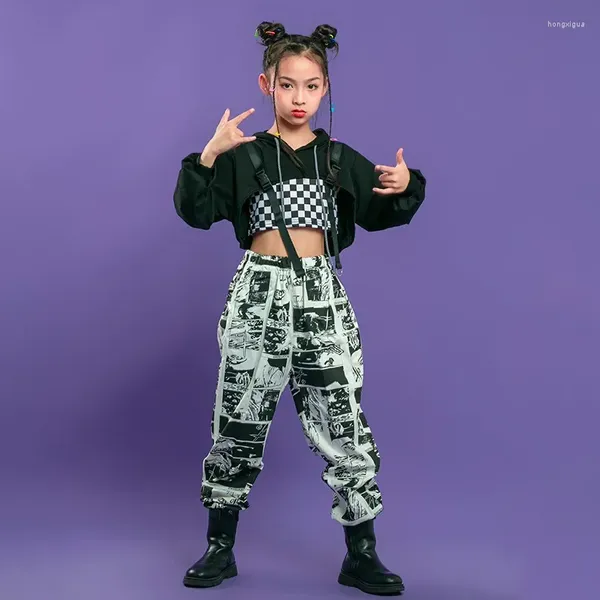 Etapa desgaste niño hip hop ropa negro sudadera con capucha sudadera crop top camisa de manga larga streetwear imprimir pantalones jogger para niñas traje de baile