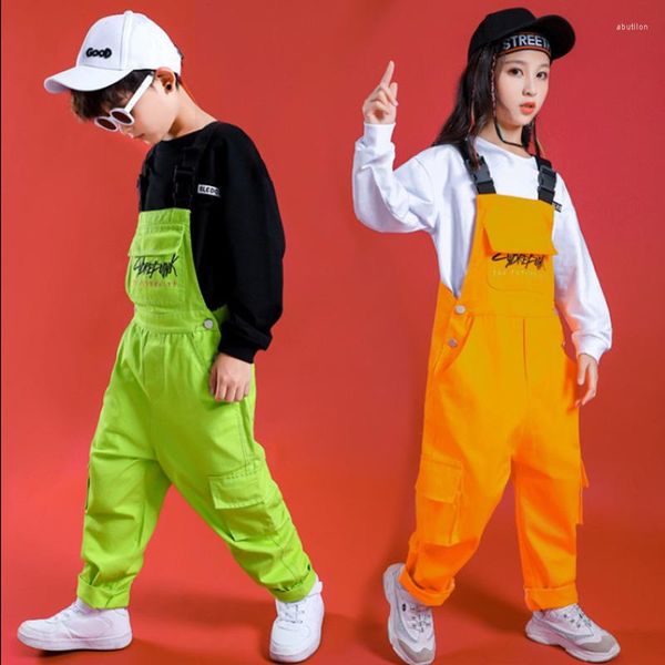 Ropa de escenario para niños, ropa de Hip Hop, sudadera negra, Tops, pantalones sueltos con pechera para niñas, niños, trajes de baile de Jazz, ropa de baile de salón