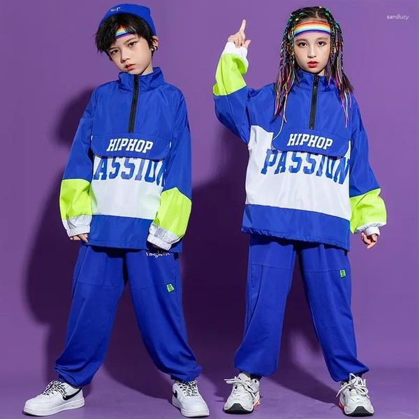 Stage Wear Kid Hip Hop Vêtements Blue Turtleneck Veste surdimensionnée Top Pull Streetwear Pantalon de jogging pour filles Garçons Costume de danse Vêtements