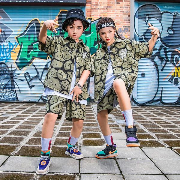 Ropa de escenario chico Kpop ropa de Hip Hop ejército verde estampado camisa Top Streetwear pantalones cortos de verano para niña niño Jazz traje de baile conjunto de ropa