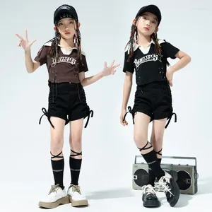 Stage Wear Kid Kpop Hip Hop Clothing Brown Rapel V Neck Crop Top T Shirt Black Summer Side Tie Shorts For Girl Jazz Dance Costumes Kleding