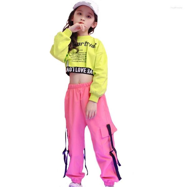 Ropa de escenario chico Kpop Hip Hop ropa Crop Top manga larga camiseta tanque chaleco Streetwear Jogger pantalones para niña Jazz baile traje ropa