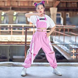 Stage Wear Kid Kpop Hip Hop Kleding Wit Crop Top Streetwear Baggy Broek Voor Meisjes Jazz Dans Kostuum Prestaties Outfits DN11822
