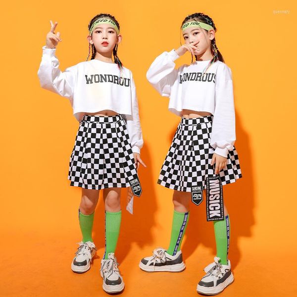 Stage Wear Kid Kpop Hip Hop Vêtements Blanc Crop Top À Manches Longues T-shirt Streetwear À Carreaux Jupe Mini Pour Fille Jazz Danse Costume Vêtements