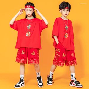 Stage Wear Kid Retro Chinese stijl Hip Hop Clothing Oversized T -shirt Top Print -riem zomers shorts voor meisjesjongen dansdansdanskleding