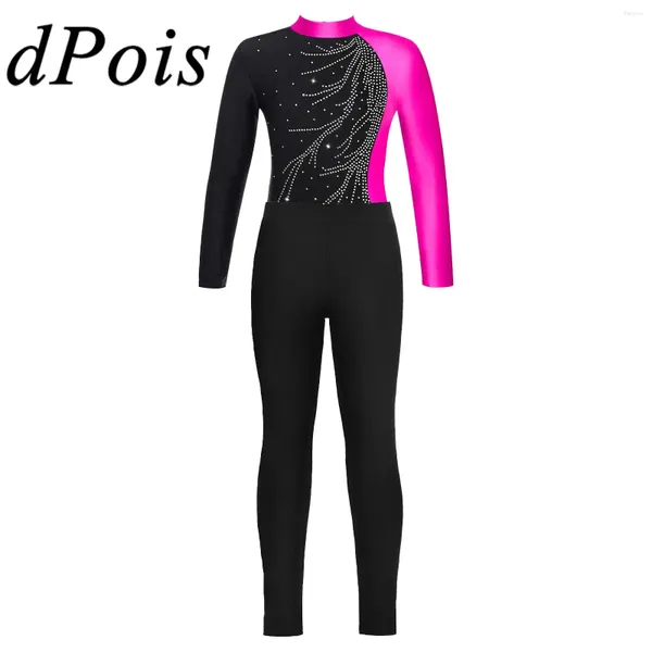 Stage Wear Enfants Ballet Danse Tenues Enfants Filles Brillant Strass Gymnastique Justaucorps avec Leggings À Manches Longues Yoga Patinage Combinaison