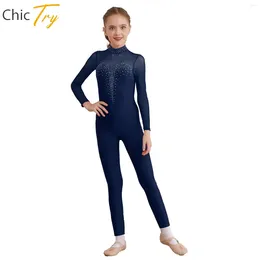 Stage Wear Enfants Ballet Patinage Unitard Pour Fille Body Sheer Mesh À Manches Longues Strass Catsuit Combinaison De Gymnastique Pour Enfants Dancewear