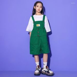 Stage Wear Kids Ballroom Hip Hop Clothing White T -Shirt Green Short Rompers Street Dance Outfits For Girls Boys Jazz -kostuumkleding