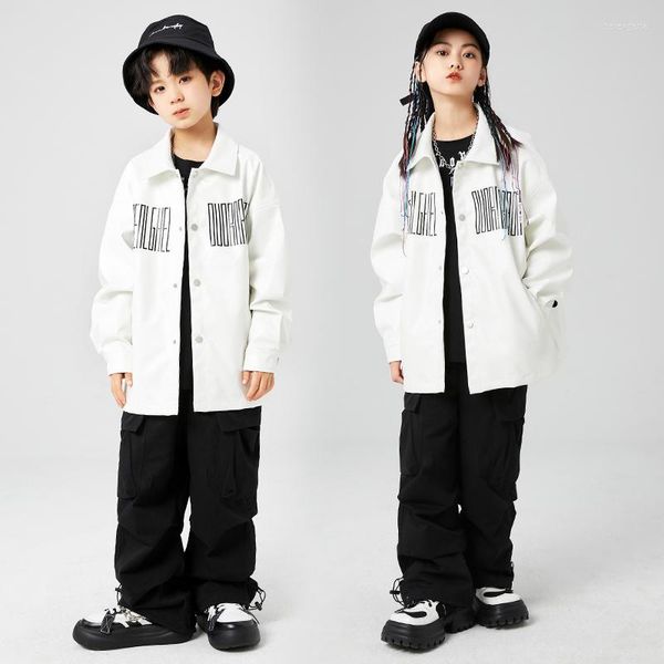 Stage Wear Enfants Ballroom Hip Hop Vêtements Blanc Pu Veste En Cuir Tops Noir Casual Pantalon Cargo Pour Fille Garçon Jazz Costume De Danse Vêtements