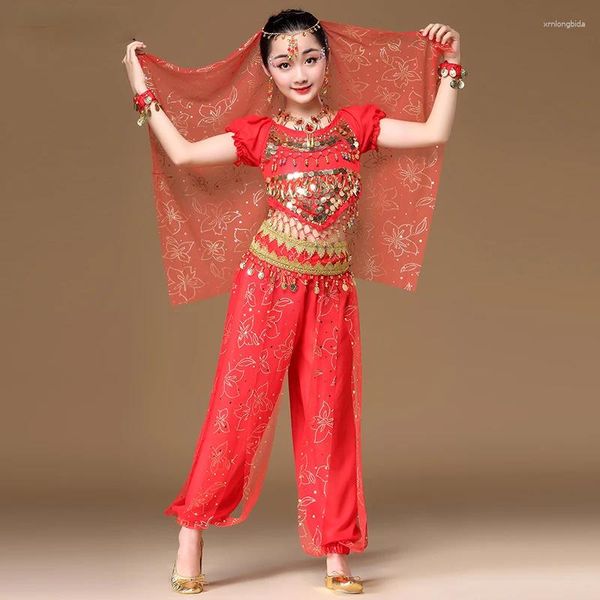 Etapa desgaste niños danza del vientre traje oriental bollywood baile vestido niños ropa conjunto niña egipto danza del vientre rendimiento