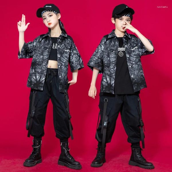 Stage Wear Enfants Noir Punk Kpop Vêtements Hip Hop Vêtements Chemise À Manches Courtes Streetwear Pantalon Cargo Pour Fille Garçon Jazz Dance Show Costume