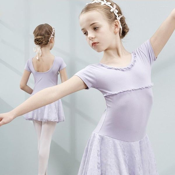 Traje de escenario para niños, leotardo de manga corta de Color sólido, traje de gimnasia, ropa moldeadora de nailon, camisola, traje de Ballet de baile, vestido para niñas