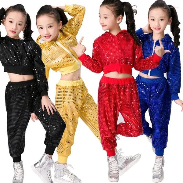 Stage Wear Enfants Garçon Filles Crop Top et Pantalon Performance Tenues Vêtements Enfants Paillettes Jazz Danse Moderne Cheerleading Hip Hop Costume