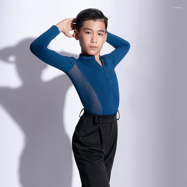 Vêtements de scène enfants garçons vêtements de danse latine maille à manches longues mâle professionnel Latino compétition hauts vêtements de danse de salon