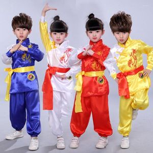 Stage Draag Kinderen Chinees Traditionele Kungfu Uniform Hanfu Jaar Taekwondo Wushu Tang pak borduurwerk satijnen jongens meisjes taichi kleding