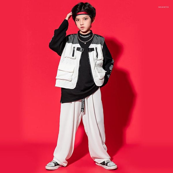 Stage Wear Enfants Concert Hip Hop Vêtements Shirt Tops Streetwear Pantalon Blanc Veste Sans Manches Gilet Pour Filles Garçons Jazz Costume De Danse Vêtements