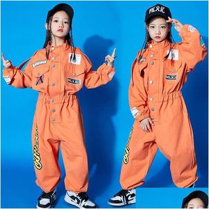 Stage Wear Kids coole hiphop kleding met korte mouwen oranje jumpsuit overalls voor meisjes Jazz Dance Costume Ballroom Dancing Drop de Dhlkb