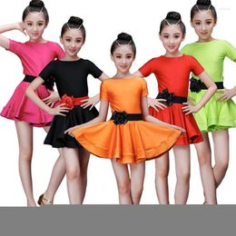 Ropa de escenario Vestidos infantiles para niñas Vestido de baile latino Manga corta Salón de baile Práctica de competencia Trajes de rendimiento de tango sólido