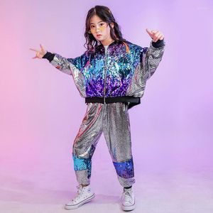 Stage Wear Kids Fashion Sequins Hip Hop Outfits Kleding Jacket Top jas Street Pants Girls Boys Jazz Dance Costumes Set Des