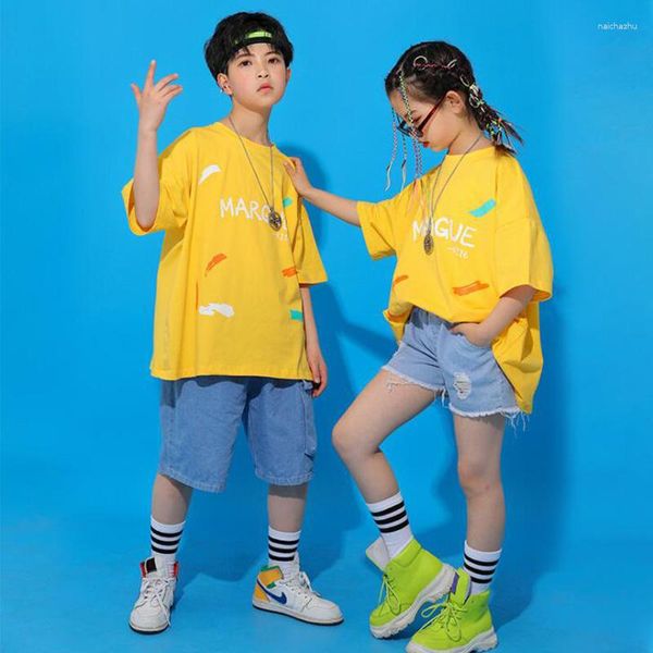 Stage Wear Kids Festival Hip Hop Vêtements Jaune Tshirt Tops Streetwear Jeans Shorts Pantalons Pour Filles Garçons Jazz Costume De Danse Vêtements