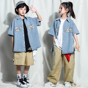 Stage Wear Kids Festival Hip Hop Dancing Clothing denim shirt jas kaki baggy broek voor meisjes jongens dans kostuums streetwear kleren