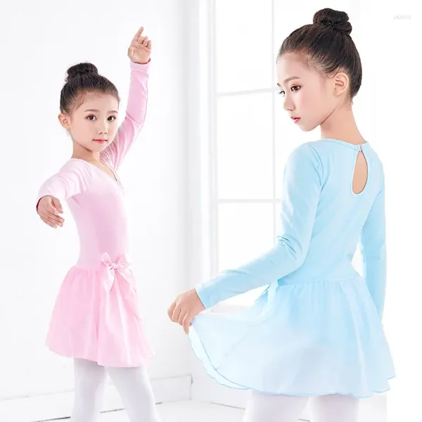 Etapa desgaste niños niña ballet gimnasia leotardo vestido rendimiento largo / manga corta danza ropa de baile con corbata de gasa