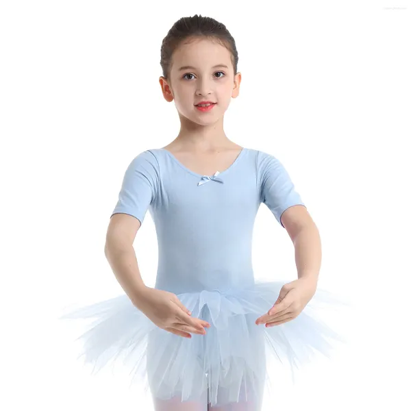 Stage Wear Enfants Filles Ballerine Tulle Danse Tenue À Manches Courtes Coton Dancewear Gymnastique Ballet Costume Justaucorps Robe