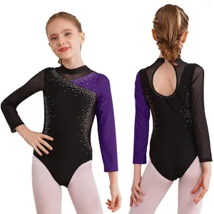 Stadiumkleding kinderen meisjes ballet dans gymnastiek turnpakje kunstschaatsen kostuum glanzende strass pure mesh patchwork bodysuit met lange mouwen