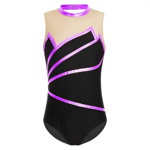 Stage Wear Enfants Filles Ballet Danse Gymnastique Justaucorps Acrobatie Costume De Patinage Artistique Sans Manches À Rayures Métalliques Performance Dancewear