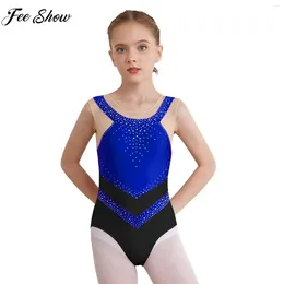 Stage Wear Kids Girlet Dance Dans Tuoerazage Figuur Skating Rhythmic Gymnastics Acrobatics kostuum Mouwloze Rhinestone Sheer Mesh Bodysuit